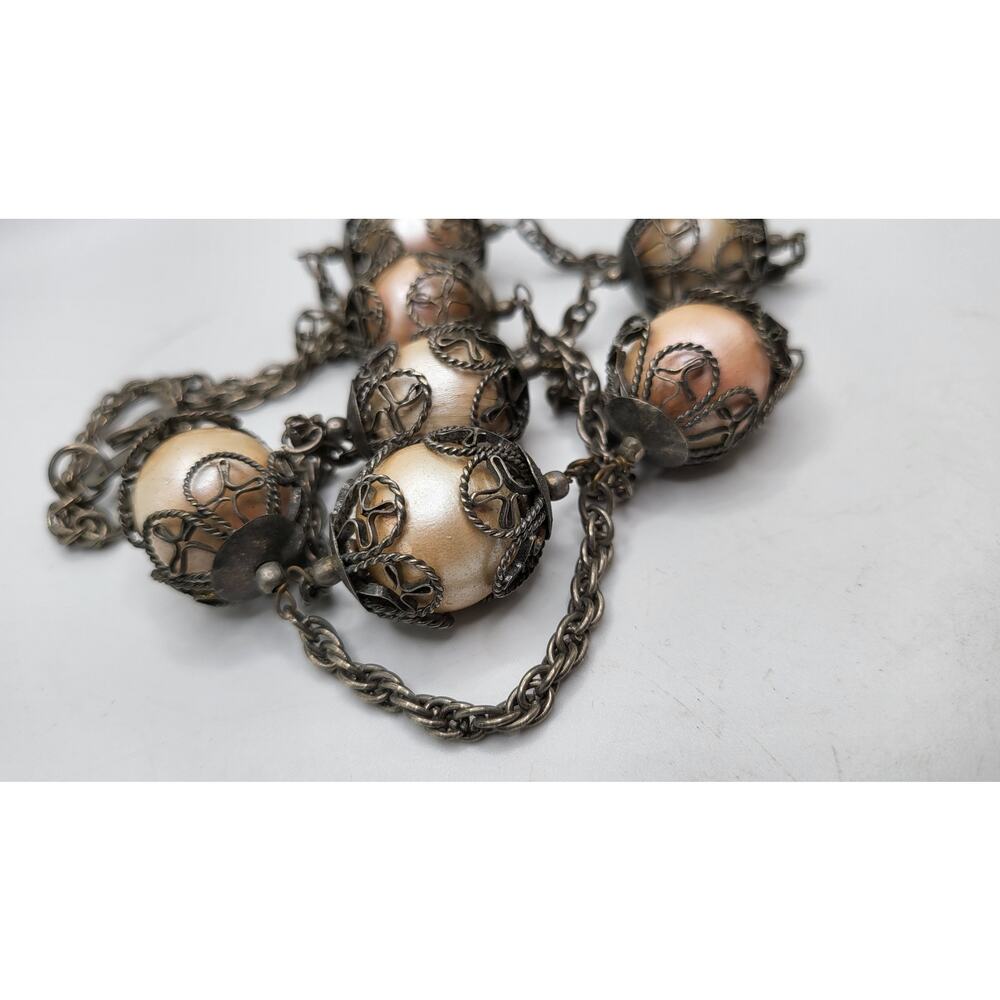 Vintage Statement Necklace Filigree Bead Dangle Ball Chain Boho Artisan